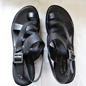 KORK-EASE BLACK LEATHER WEDGE STRAPPY TOE LOOP SANDALS SIZE 7.5